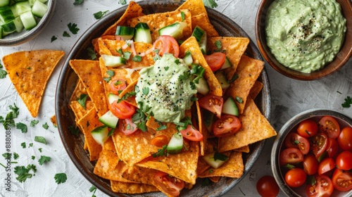 Plate of Mexican nachos with Avocado Dip