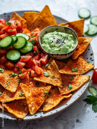 Plate of Mexican nachos with Avocado Dip
