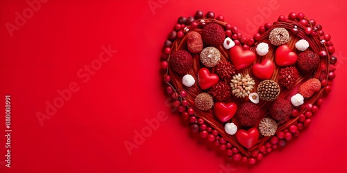 A heart made of red candies and other red objects