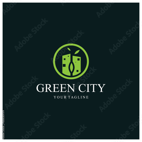 green and healthy modern city with leaf logo design for business, property, building, eco city, future city, architect, environmentally friendly