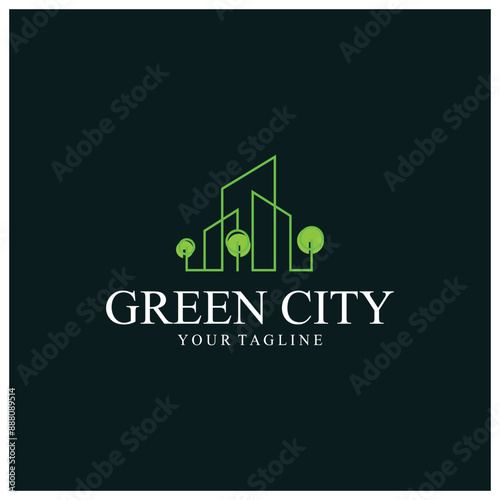 green and healthy modern city with leaf logo design for business, property, building, eco city, future city, architect, environmentally friendly