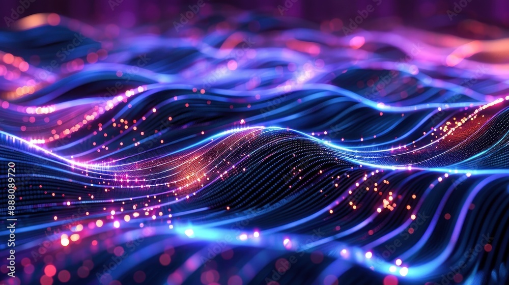 Glowing blue and purple digital data wave with glowing red nodes Glowing blue and purple digital data wave with glowing red nodes