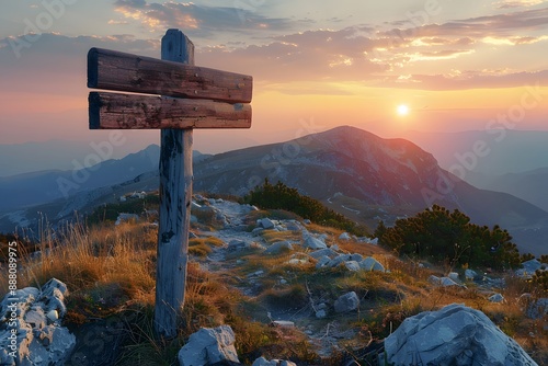 Scenic Mountain Trail at Sunset with Wooden Signpost