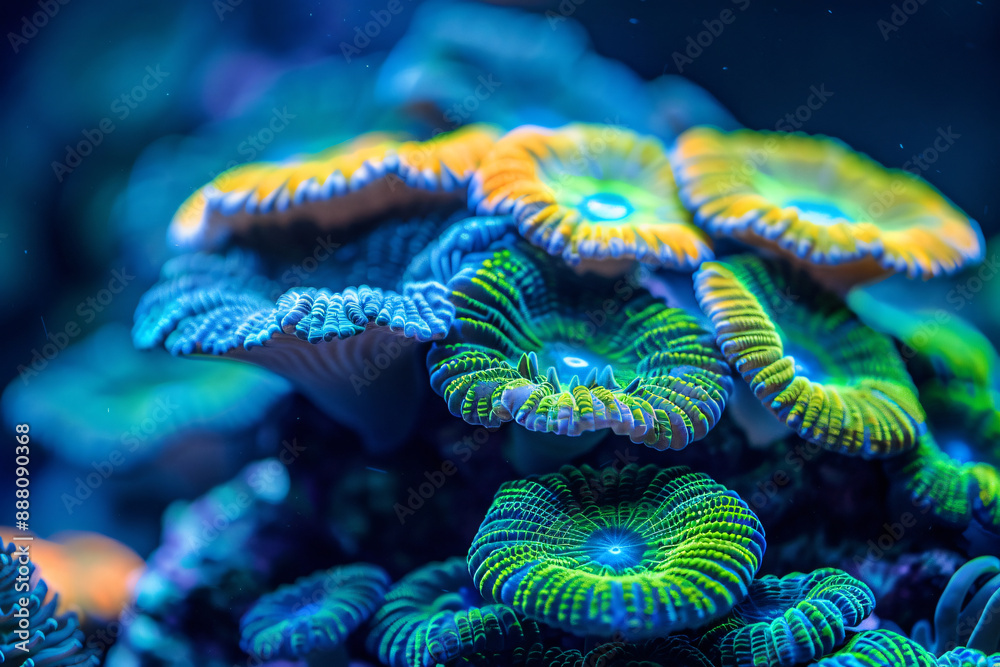 Beautiful coral reef, macro photography of beautiful corals, blue-green color