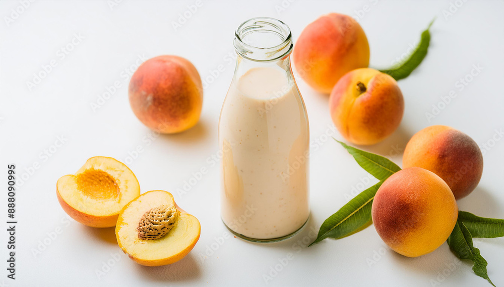 Glass bottles of peach milk, white background. Tasty fruit drink. Sweet beverage. Organic and healthy. Glass bottles of peach milk, white background. Tasty fruit drink. Sweet beverage. Organic and healthy.