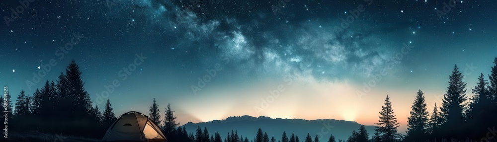A serene nighttime camping scene with a tent under a starry sky, surrounded by trees and mountains in the distance. A serene nighttime camping scene with a tent under a starry sky, surrounded by trees and mountains in the distance.