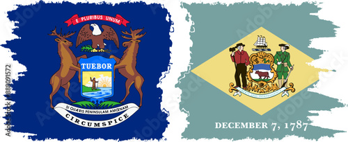 Delaware and Michigan states grunge brush flags connection, vector