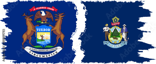 Maine and Michigan states grunge brush flags connection, vector