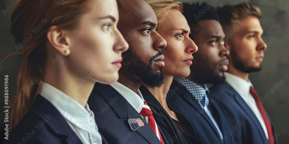 The Pillars of Republican Strength: A group of diverse individuals standing together, each wearing a pin with the American flag. The Pillars of Republican Strength: A group of diverse individuals standing together, each wearing a pin with the American flag.