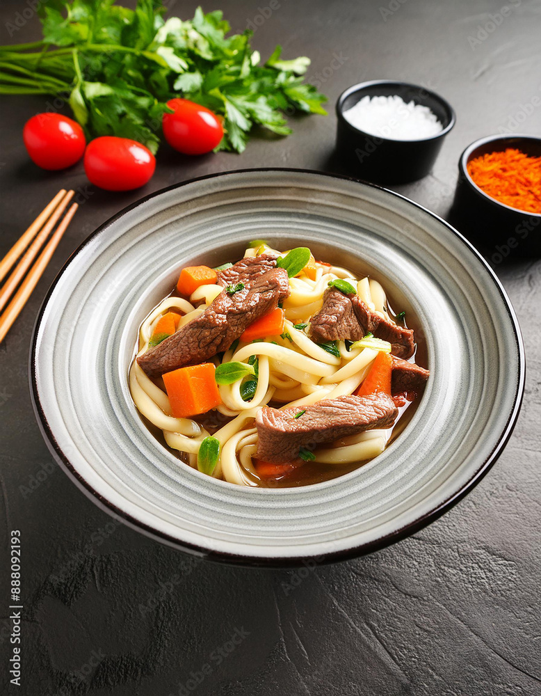 Bowl of spicy udon beef noodle soup with fresh vegetables and herbs, wholesome meal. Delicious dish Bowl of spicy udon beef noodle soup with fresh vegetables and herbs, wholesome meal. Delicious dish