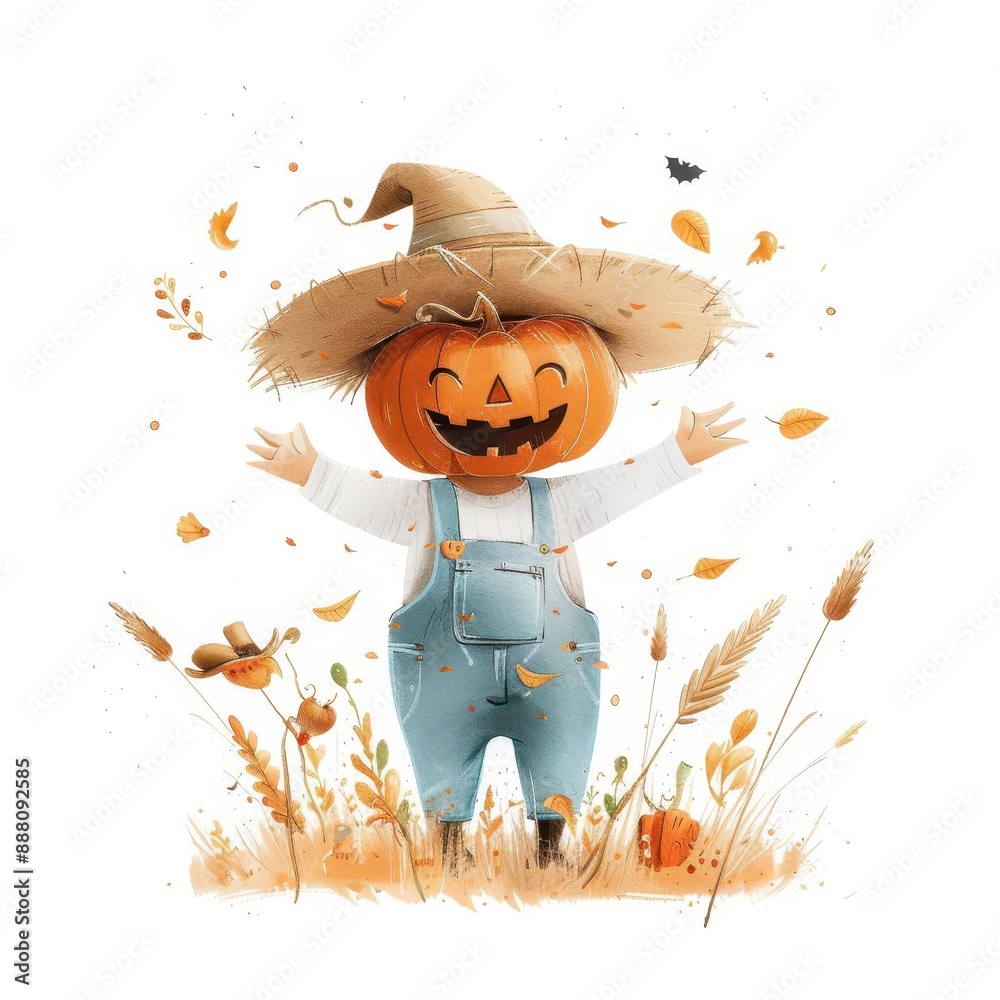 Fototapeta premium Cute pumpkin scarecrow with a big smile, wearing a straw hat and overalls, surrounded by autumn leaves.