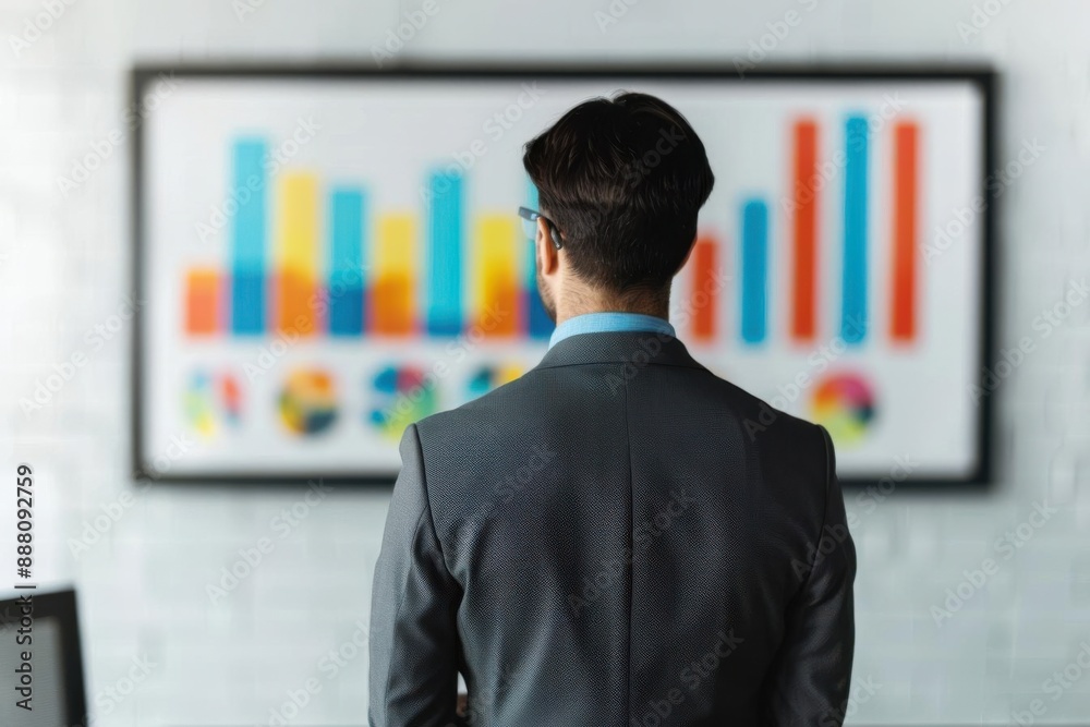 Business professional analyzing colorful data charts, reflecting on market trends and financial performance in a modern office setting. Business professional analyzing colorful data charts, reflecting on market trends and financial performance in a modern office setting.