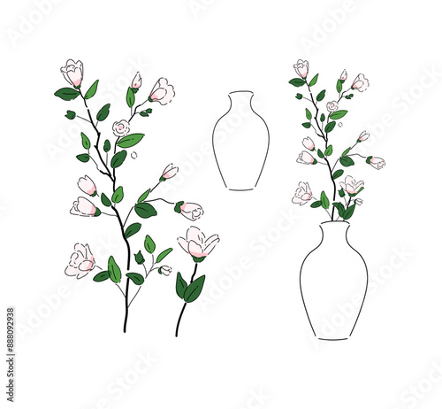 Hand drawn doodle cute flowers in vases vector illustration with line art and color for gift, card and design. Isolated