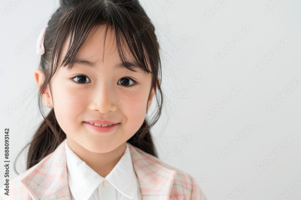 A cute Japanese girl smiles at the camera, wearing a school uniform with a jacket and white shirt, posing for a studio portrait against a white background. A cute Japanese girl smiles at the camera, wearing a school uniform with a jacket and white shirt, posing for a studio portrait against a white background.
