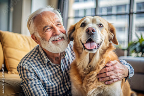 A gray-haired, elderly man hugs his Labrador and smiles