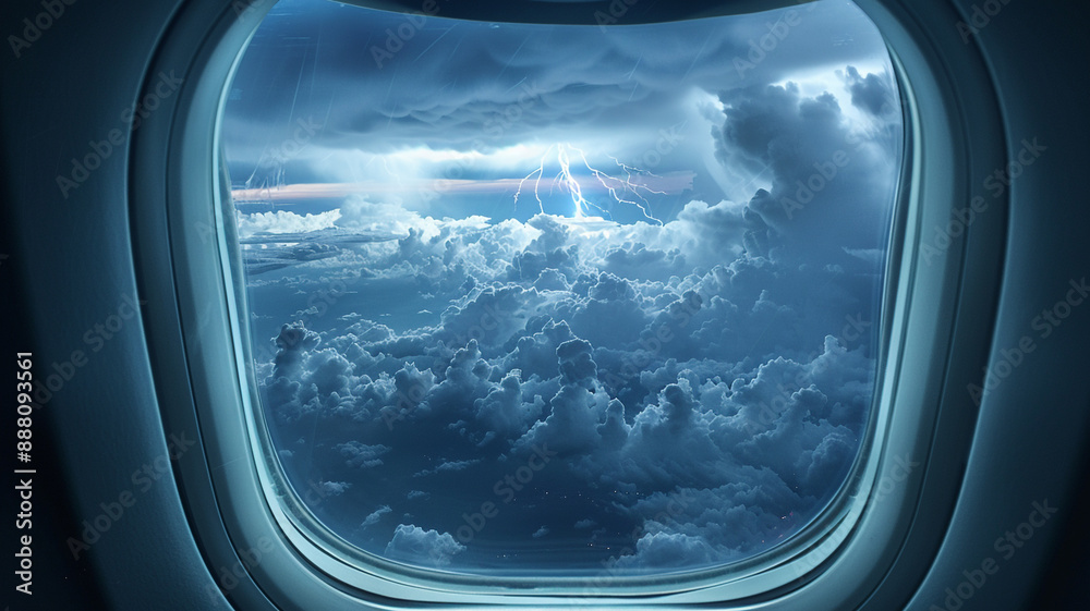 airplane window showing storm clouds and lightning in the distance airplane window showing storm clouds and lightning in the distance