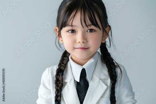 A cute Japanese girl smiles at the camera, wearing a school uniform with a jacket and white shirt, posing for a studio portrait against a white background.