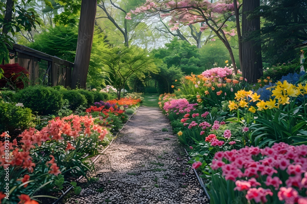 Serene Garden Pathway Surrounded by Vibrant Spring Blooms Serene Garden Pathway Surrounded by Vibrant Spring Blooms