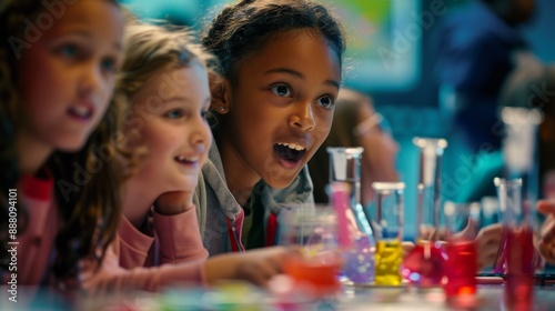 Elementary school students observe a colorful liquid science experiment in beakers