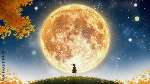 Dreamlike illustration of a person gazing at a giant full moon in a starry night sky surrounded by autumn leaves and flowers.