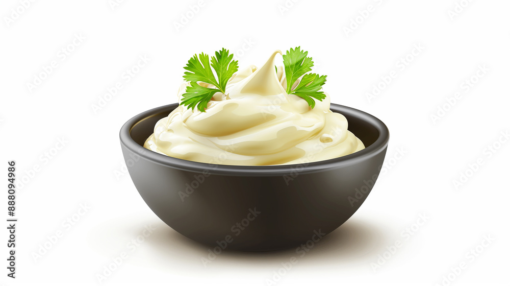 Bowl with white mayonnaise dip side and top view food Bowl with white mayonnaise dip side and top view food