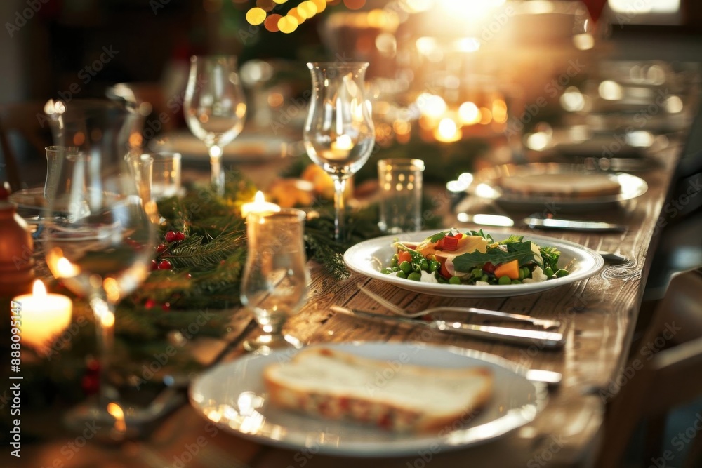 Elegant holiday dining table set for a festive dinner with candles, greenery, and delicious food, capturing the warmth and joy of the season. Elegant holiday dining table set for a festive dinner with candles, greenery, and delicious food, capturing the warmth and joy of the season.