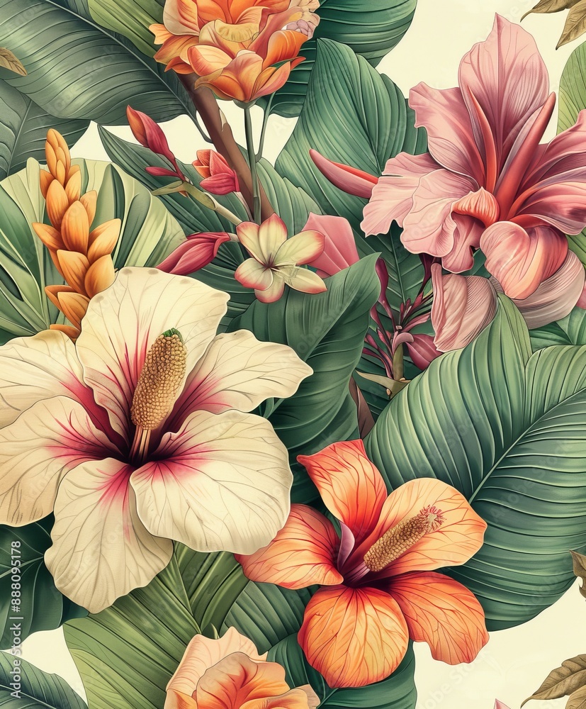 custom made wallpaper toronto digitalvintage botanical illustration, tropical plants and flowers, detailed linework, soft pastel colors