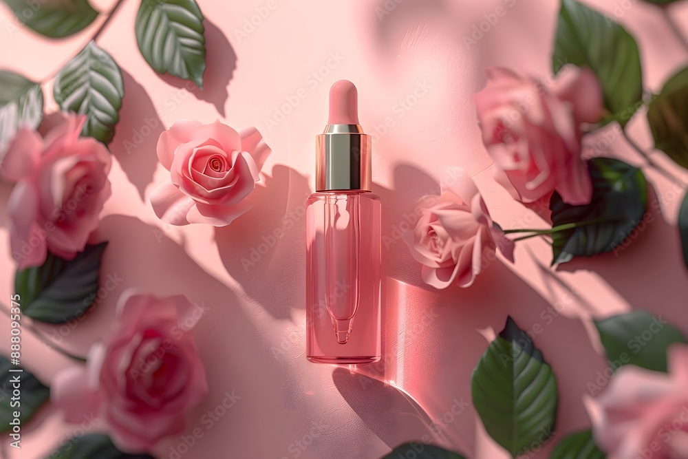 Elegant Pink Serum Bottle Surrounded by Roses on a Soft Pink Background Elegant Pink Serum Bottle Surrounded by Roses on a Soft Pink Background