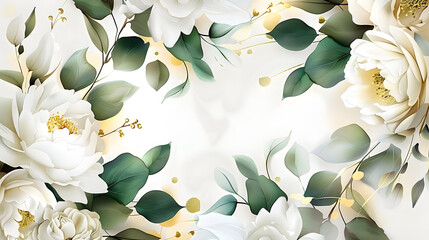 watercolor floral illustration white flowers rose peony green and gold leaf frame border for wedding stationary greetings wallpapers fashion background eucalyptus olive green leaves