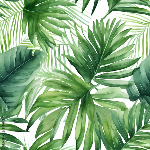 This lush, green tropical leaf pattern is perfect for commercial use in wallpaper, textile, and packaging designs.