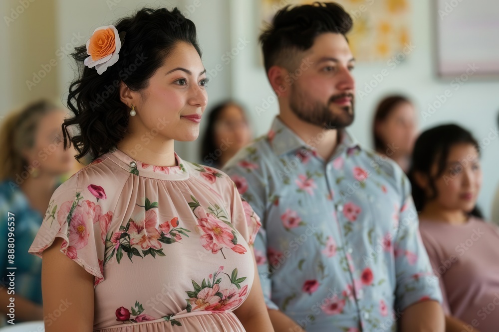 Happy couple at a baby shower event, dressed in floral outfits, surrounded by friends and family, enjoying the celebration. Happy couple at a baby shower event, dressed in floral outfits, surrounded by friends and family, enjoying the celebration.