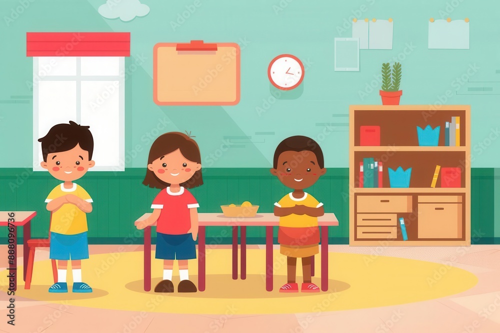 Illustration of a classroom with three children standing near desks, surroundings include bookshelves and educational materials. Illustration of a classroom with three children standing near desks, surroundings include bookshelves and educational materials.