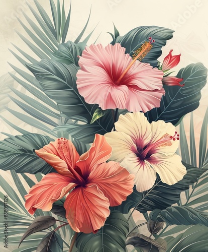 Wallpaper Mural vintage botanical illustration, tropical plants and flowers, detailed linework, soft pastel colors Torontodigital.ca