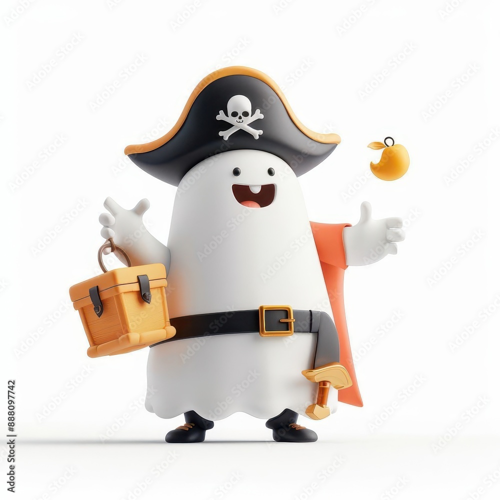 Fototapeta premium Cute ghost pirate character with a treasure chest and a golden coin.