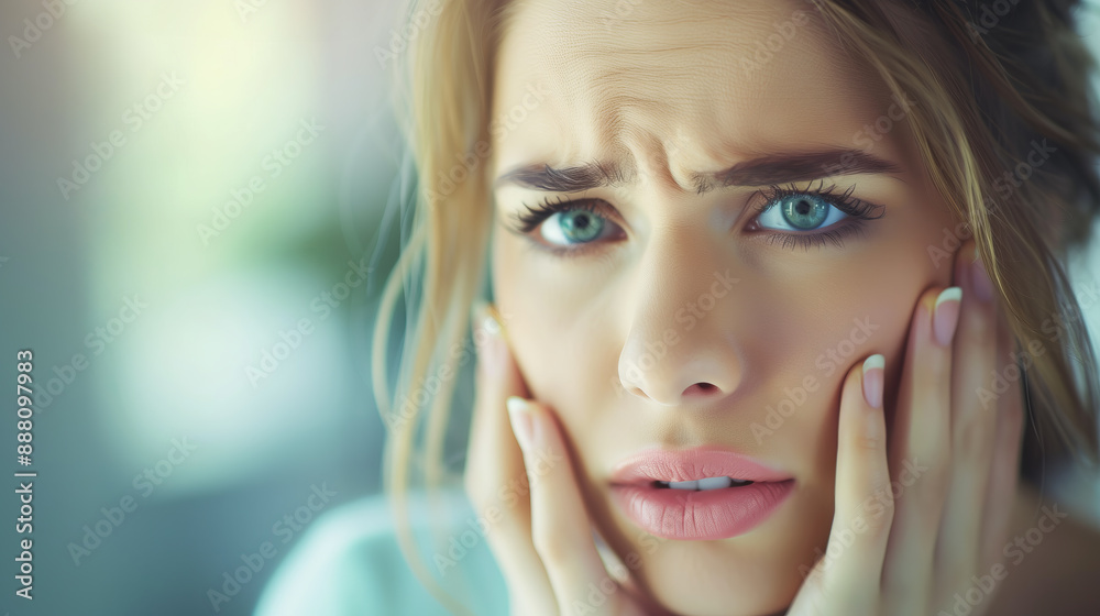 Woman Experiencing Toothache, Facial Pain, Dental Health Issue Woman Experiencing Toothache, Facial Pain, Dental Health Issue
