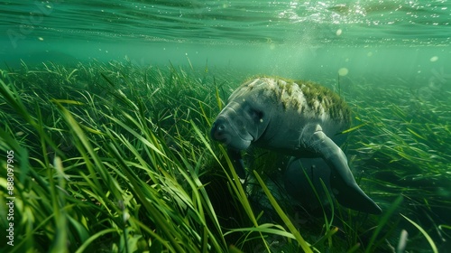 Capture the serene moment of a manatee grazing on sea grass photo