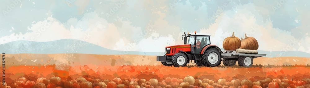 Tractor transporting large pumpkins in a picturesque field, symbolizing autumn harvest and rural agriculture. Tractor transporting large pumpkins in a picturesque field, symbolizing autumn harvest and rural agriculture.
