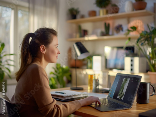 Focused woman working on laptop in home office with natural light and indoor plants