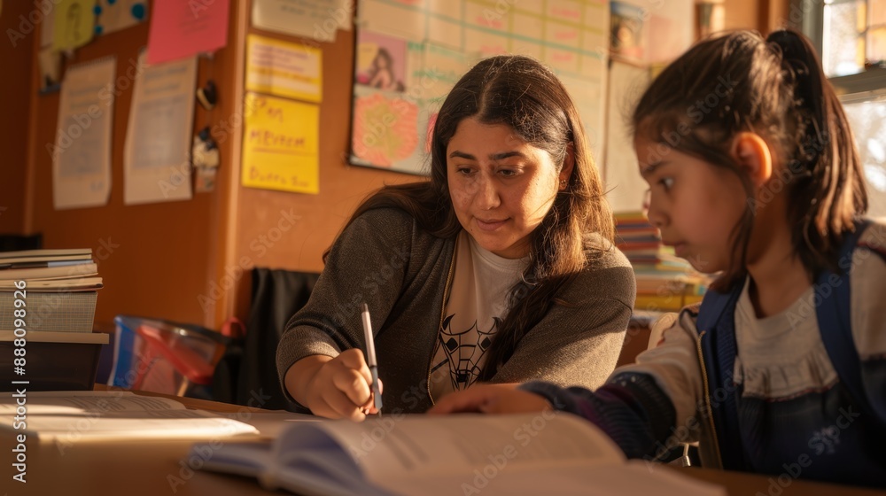 Teacher creates a positive learning environment by helping a young student with her homework in a classroom