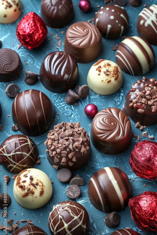 Assorted chocolates and candies on blue background with strategic copy space arrangement Assorted chocolates and candies on blue background with strategic copy space arrangement