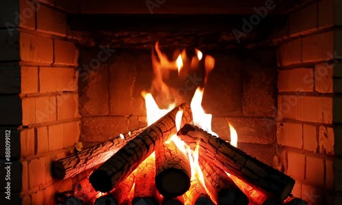 A vibrant, crackling fire in a fireplace. Flames dance and flicker photo