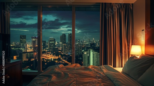 hotel room overlooking the city at night photo