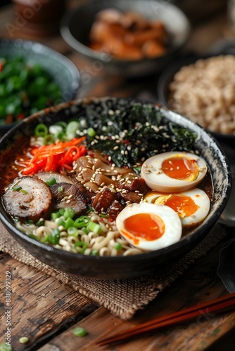 Delicious Bowl of Ramen with Soft-Boiled Eggs and Fresh Toppings