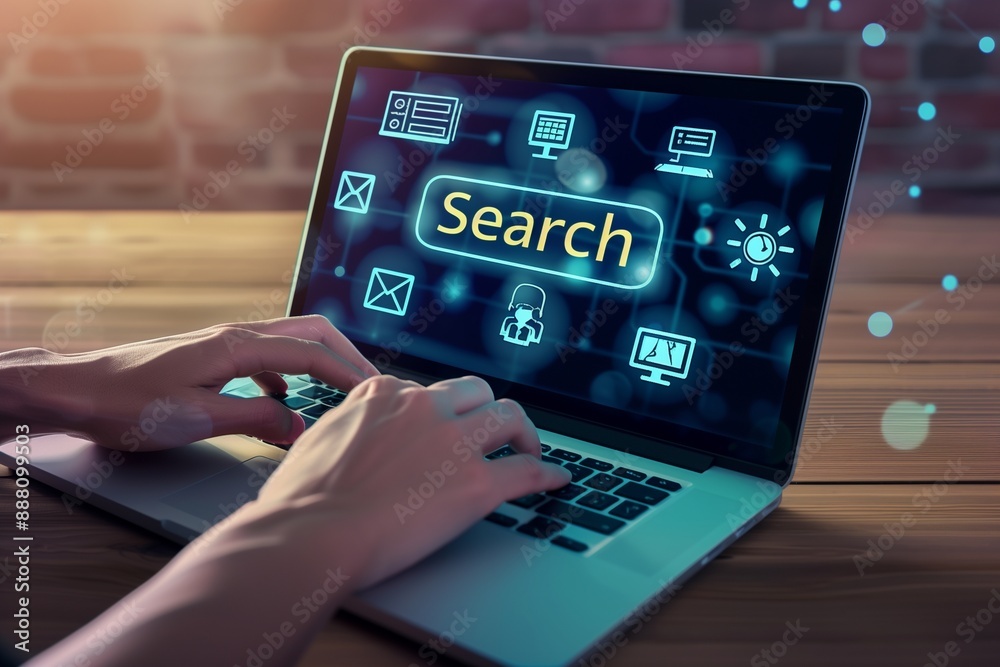 Hands using a laptop displaying Search icon with search console and web tools.