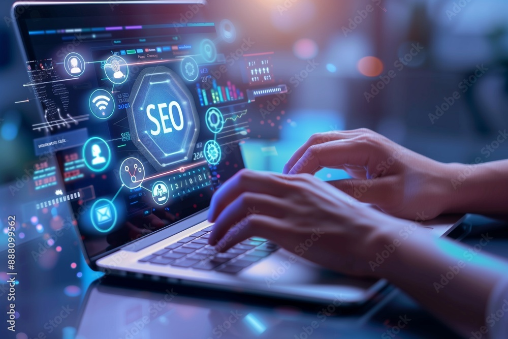 Digital display of SEO icon on laptop with search and web tools. Digital display of SEO icon on laptop with search and web tools.