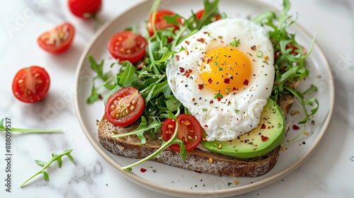 photo of a fresh avocado toast with poached egg on a white plate, garnished with cherry tomatoes and arugula. The plate is placed on a marble white counter, bird's-eye view angle