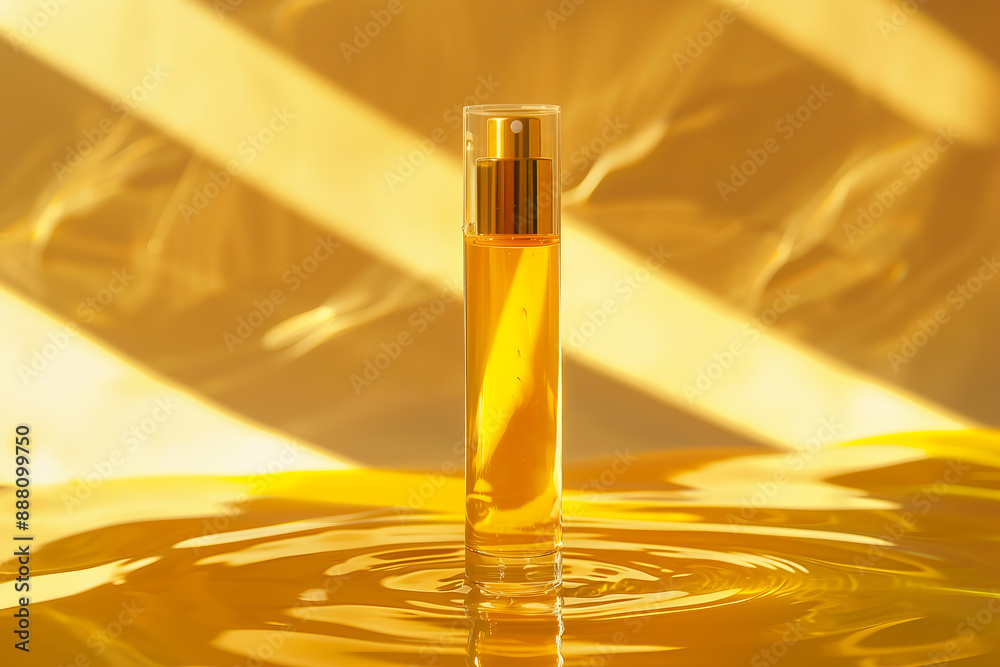 Golden Liquid in Transparent Bottle with Bokeh Light Effects Golden Liquid in Transparent Bottle with Bokeh Light Effects