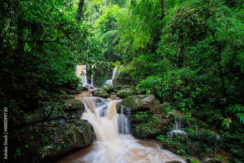 Aerial shot of the Sapan waterfall in Nan Province, Thailand
