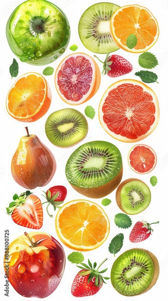 Whole and sliced fruits, isolated on white background, high resolution PNG, vibrant colors, detailed textures, apples, oranges, kiwi, and strawberries Whole and sliced fruits, isolated on white background, high resolution PNG, vibrant colors, detailed textures, apples, oranges, kiwi, and strawberries