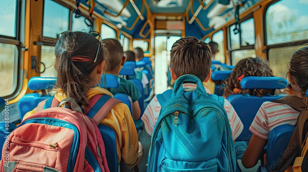Fototapeta premium Children with backpacks sitting in bus interior, group of kindergarten students go to school by bus